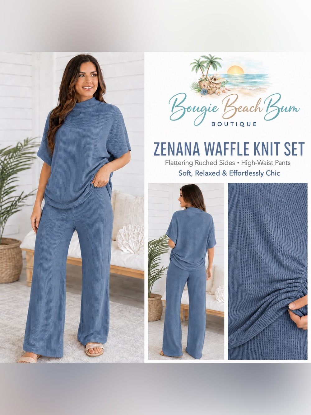 Zenana Outfitters Waffle Knit Wide-Leg Set - Blue